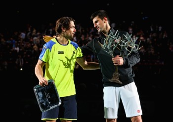 Novak Djokovic and David Ferrer BNP Paribas Masters final trophy 2013